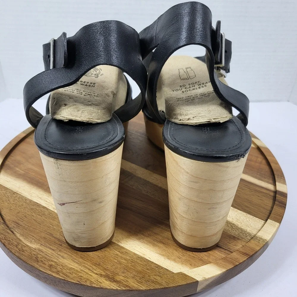 Rebecca Minkoff Black Leather Wood Platform‎ Block Heel Sandals Womens 9M